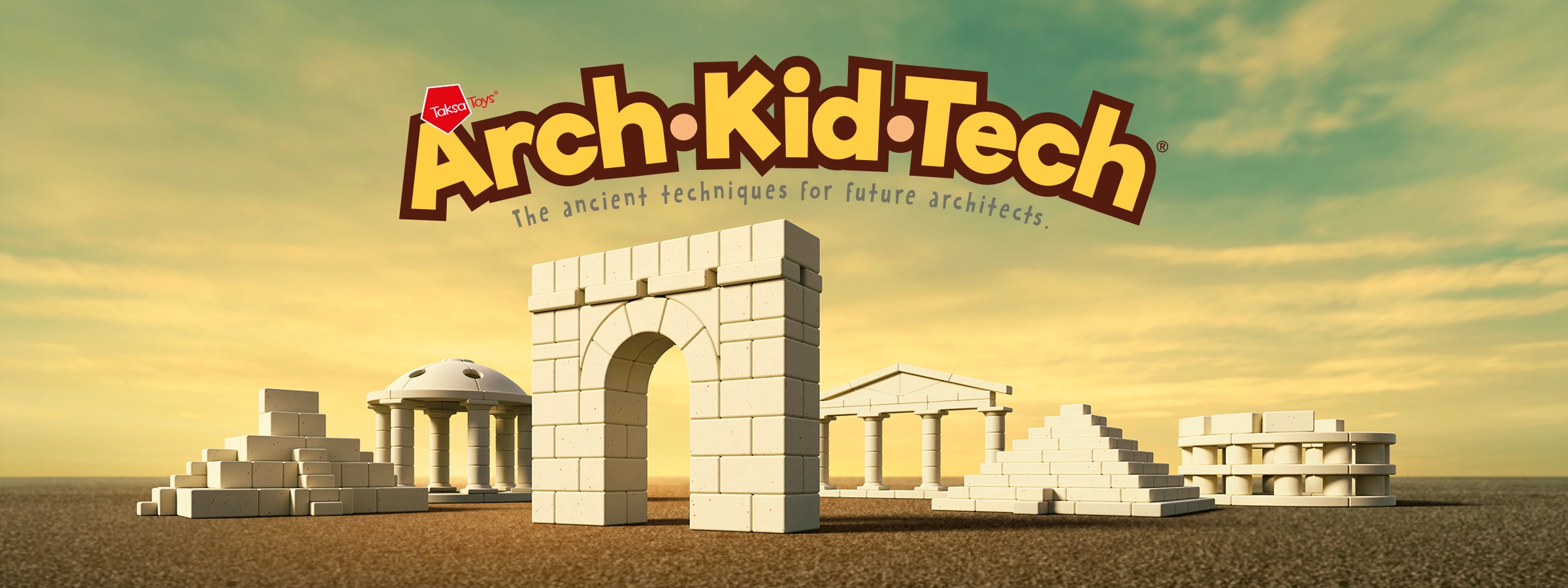 Le jeu de construction architecture Arch-Kid-Tech de TaksaToys présentant plusieurs structures historiques miniatures comme des arches romaines, des temples et des dômes.
