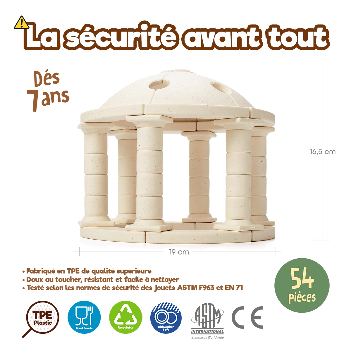 Jouet de construction Arch-Kid-Tech® Dôme grec fabriqué avec des matériaux sûrs et premium, certifié conforme aux normes ASTM et EN71