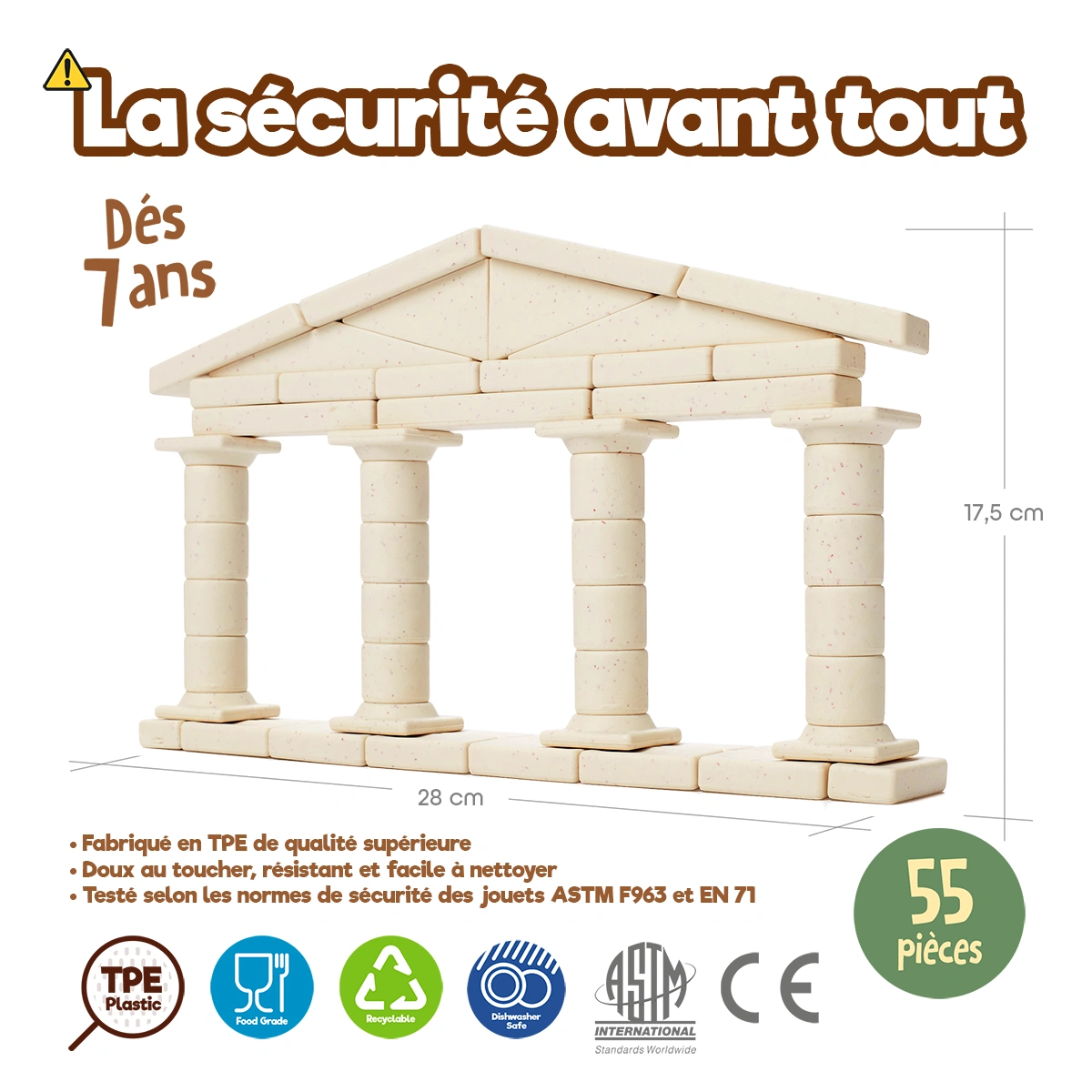 Jouet de construction Arch-Kid-Tech® Façade grecque fabriqué avec des matériaux sûrs et premium, certifié conforme aux normes ASTM et EN71