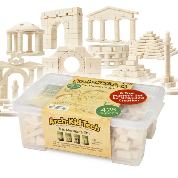 Jeu de construction architectural Arch-Kid-Tech Coffret du Maître avec 428 pièces pour explorer arcs, colonnes, courbes et structures anciennes.