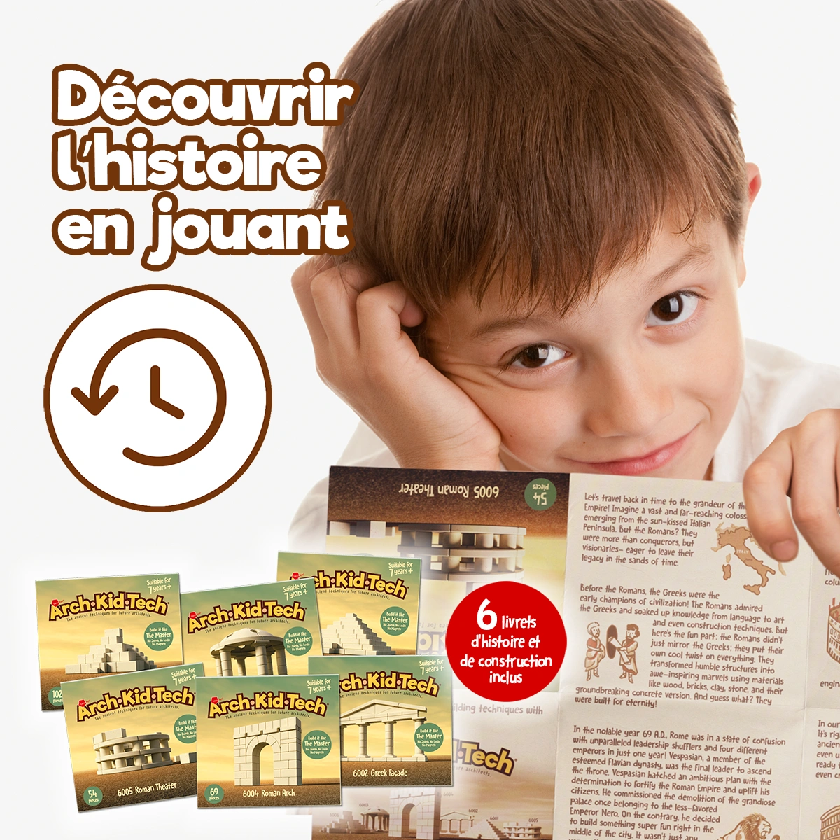 Enfant découvrant l’architecture ancienne et l’histoire avec le jouet de construction Arch-Kid-Tech® The Master’s Set