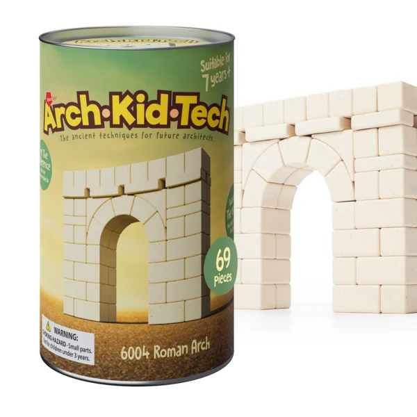 Jeu de construction architectural Arch-Kid-Tech Arche romaine avec 69 pièces pour explorer les formes répétées, l’espace, l’alignement et la stabilité.