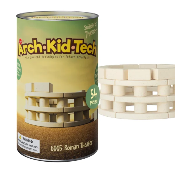 Jeu de construction architectural Arch-Kid-Tech Théâtre romain avec 54 pièces pour explorer les formes répétées, l’espace, l’alignement et la stabilité.