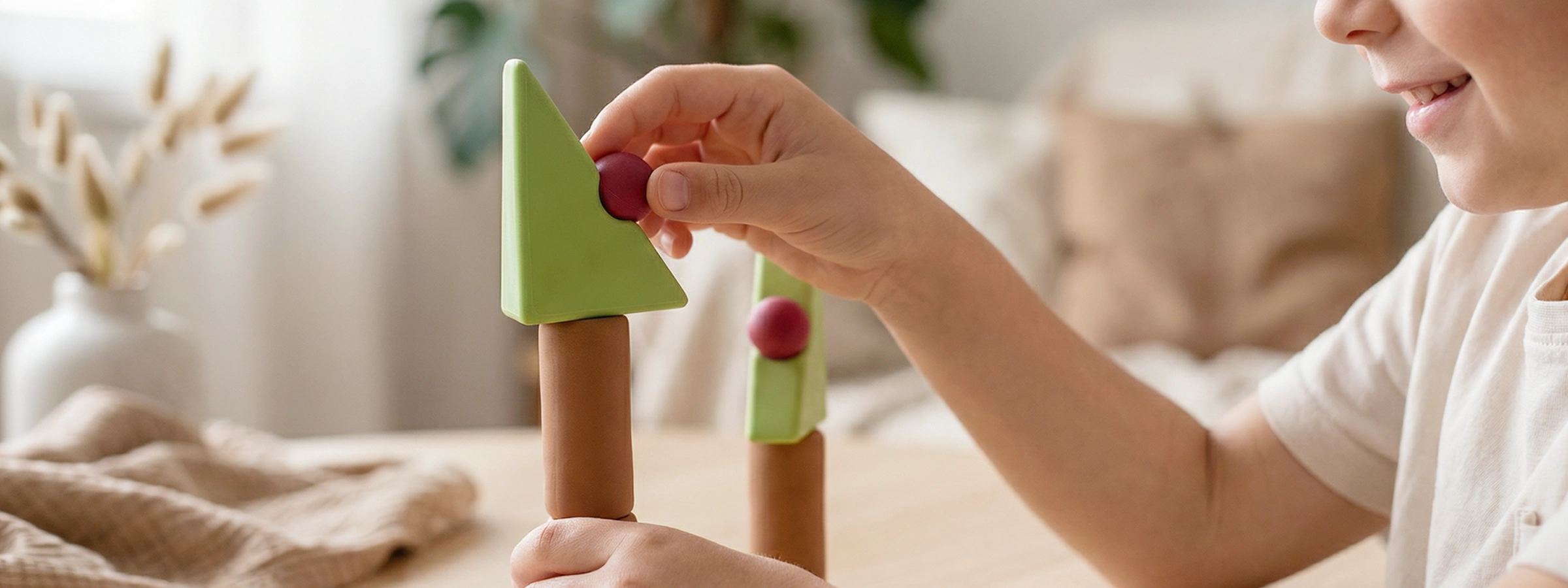 Enfant ajustant l’équilibre d’une structure pendant une activité d’apprentissage par le jeu.