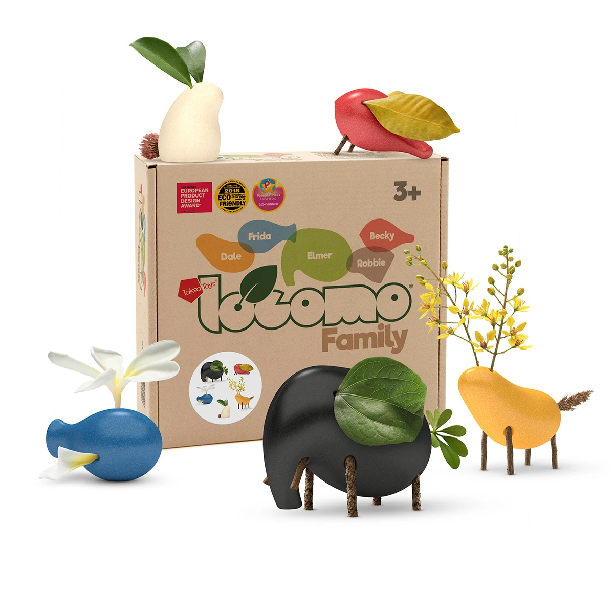 Jouet d’exploration de la nature LOCOMO Family avec cinq personnages à créer avec feuilles, brindilles, fleurs et éléments naturels.
