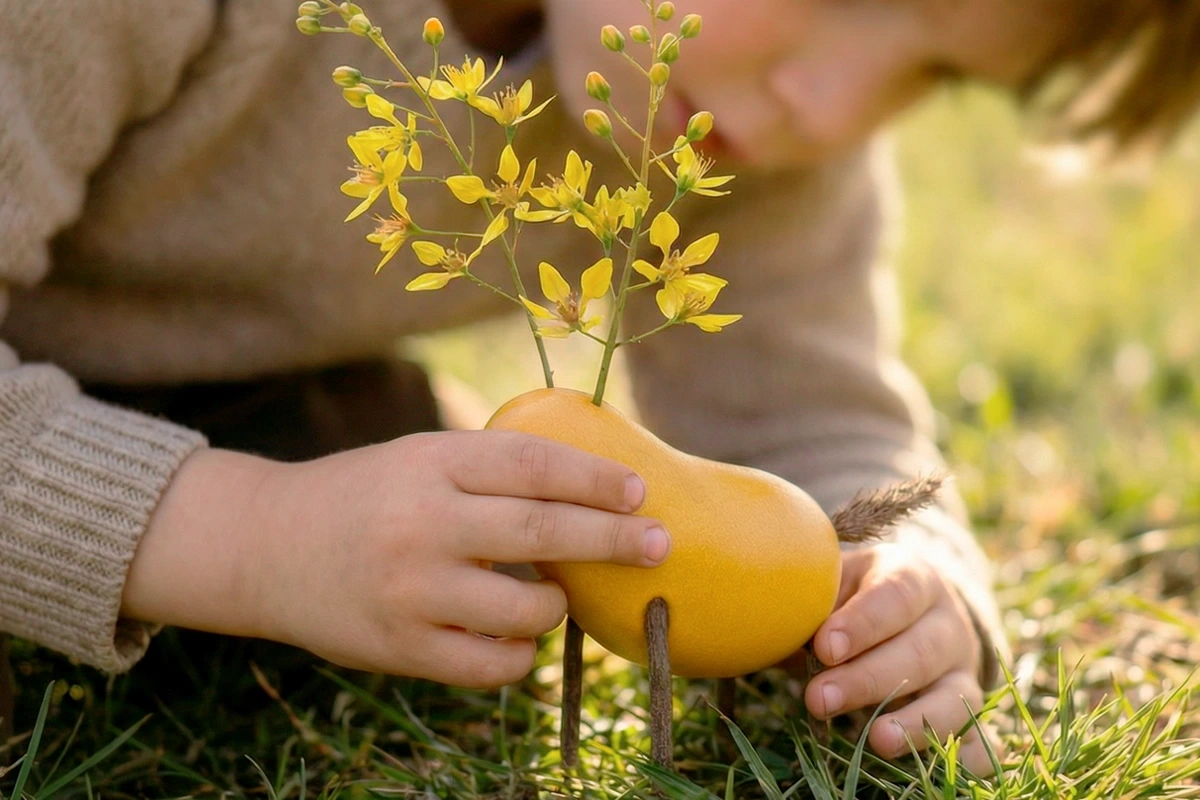 Child using flowers and twigs to create a character with LOCOMO toy
