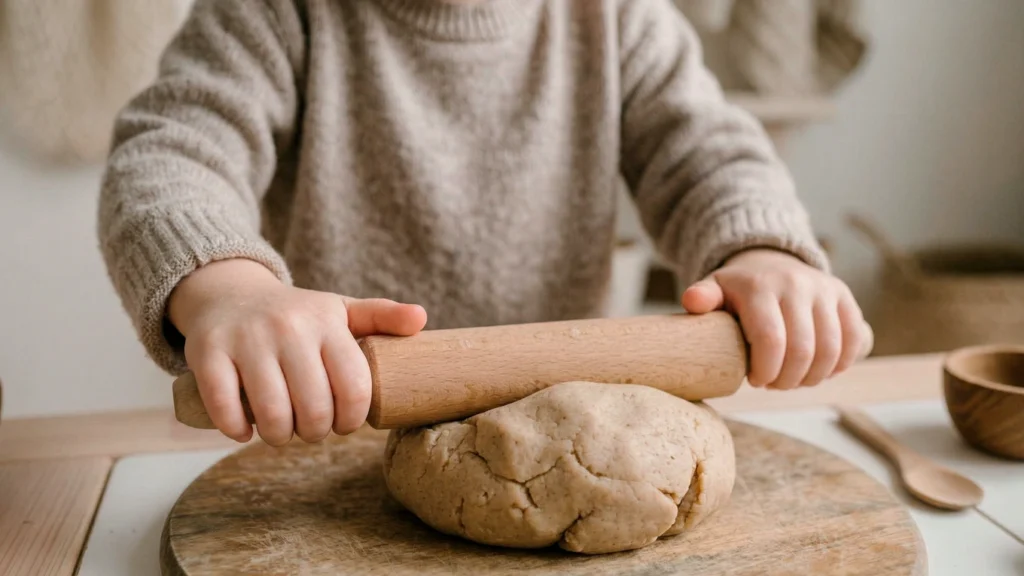 Coordination bilatérale enfant : un enfant roule de la pâte avec un rouleau en bois en utilisant ses deux mains de façon symétrique.