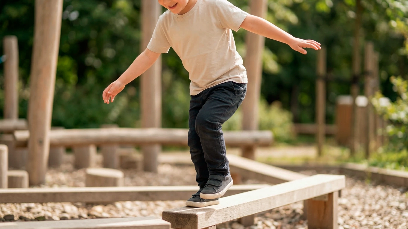 Conscience spatiale enfant : un enfant marche en équilibre sur une poutre en bois dehors, en travaillant le contrôle postural et l’orientation du corps.