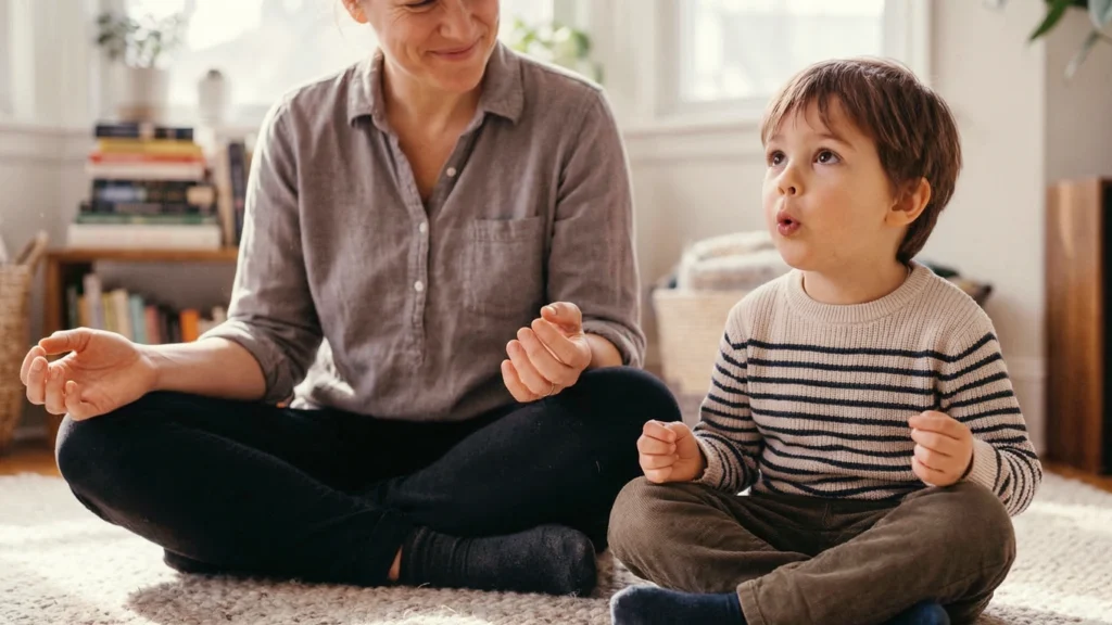 Autorégulation chez l’enfant : un enfant pratique une respiration lente près d’un adulte calme dans un environnement tranquille.