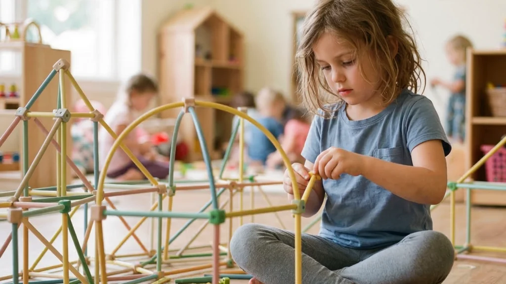 Compétences spatiales enfant : un enfant construit une structure en trois dimensions avec des tiges et des connecteurs, en explorant l’équilibre et l’alignement.