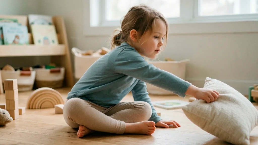 Coordination bilatérale enfant : un enfant assis au sol tend le bras à travers son corps vers un coussin, en travaillant la ligne médiane.