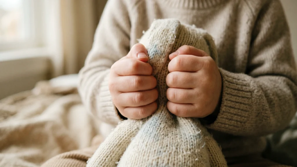 Autorégulation chez l’enfant : un jeune enfant tient une peluche douce pour trouver du réconfort et s’ancrer pendant un moment difficile.