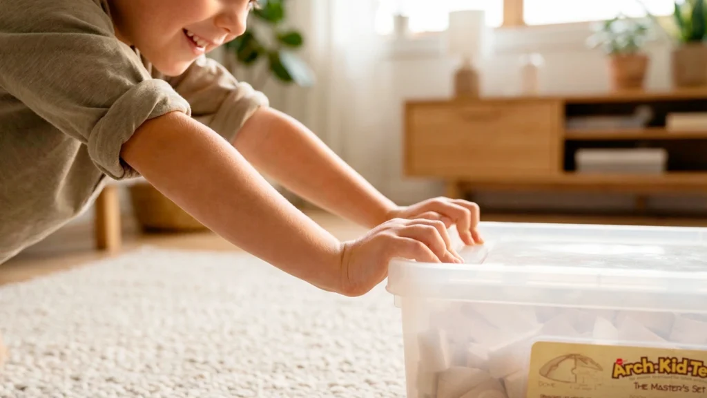 Conscience spatiale enfant : un enfant pousse une boîte de rangement à la maison en ressentant l’effort, le poids et la position de son corps.