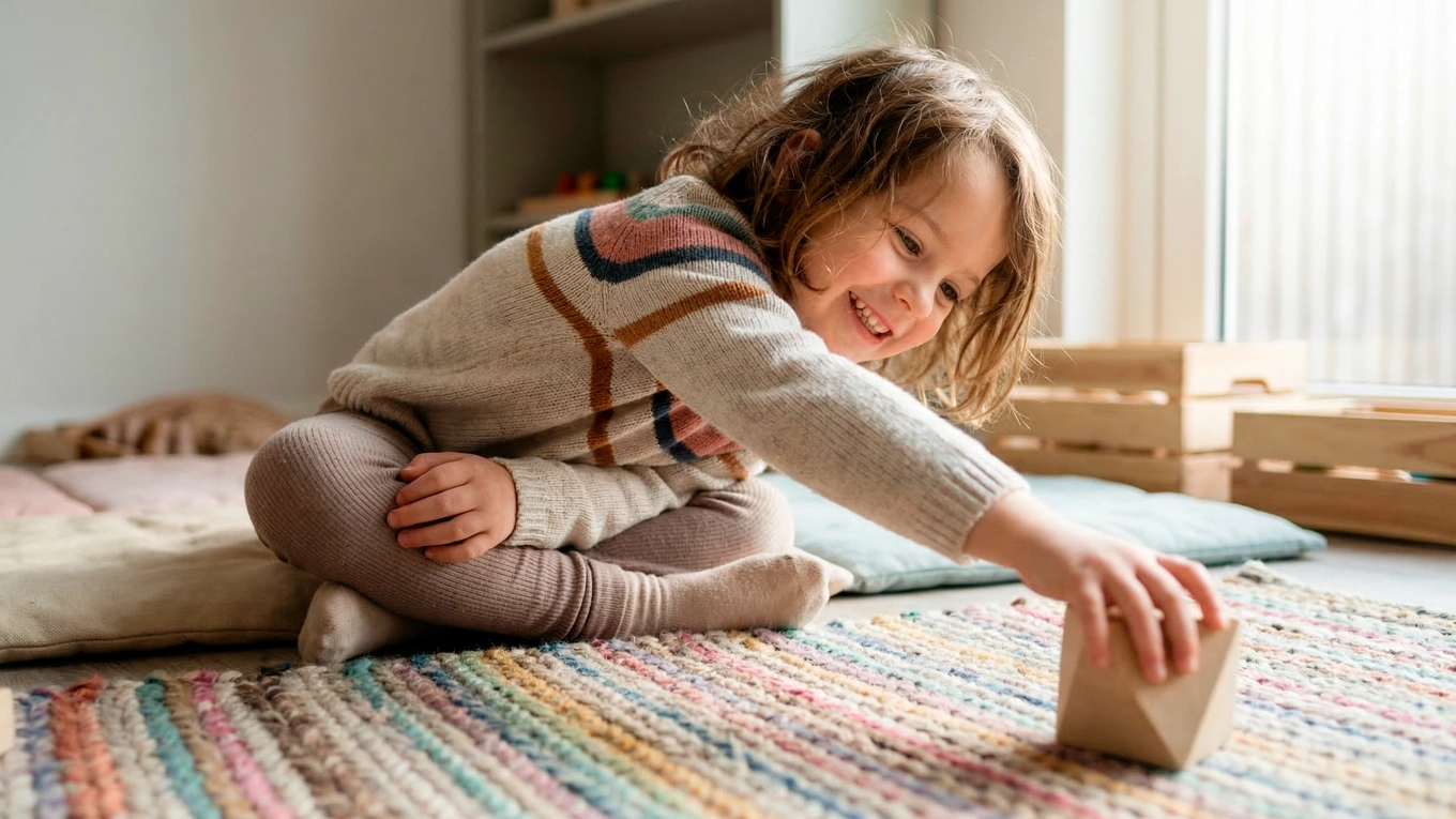 Conscience spatiale enfant : un enfant tend le bras de l’autre côté du corps pour attraper un bloc en bois pendant un jeu au sol.