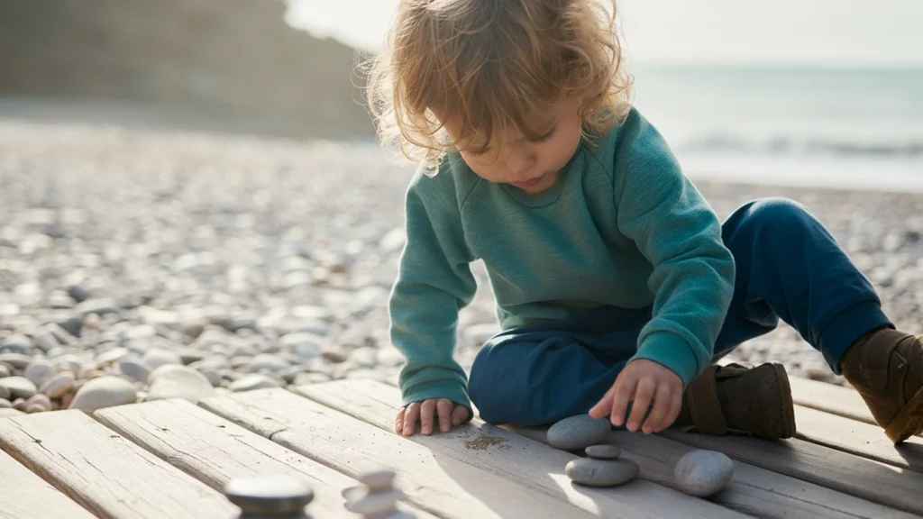 Motricité fine enfant : un enfant arrange des pierres lisses dehors en explorant la texture, le poids et le contrôle précis de la main.