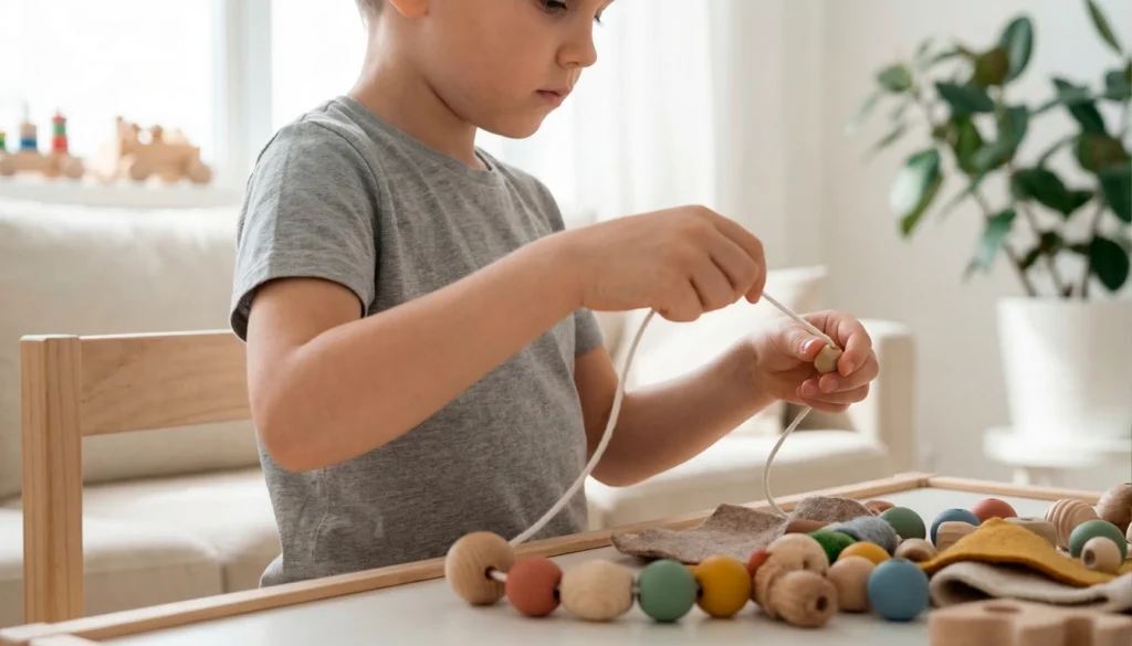 Motricité fine enfant : un enfant enfile des perles avec ses deux mains, l’une tenant la perle pendant que l’autre guide le cordon.