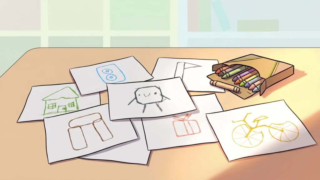 Dessins d’enfants créés en traçant des pièces Resources® pendant un atelier dessin et formes