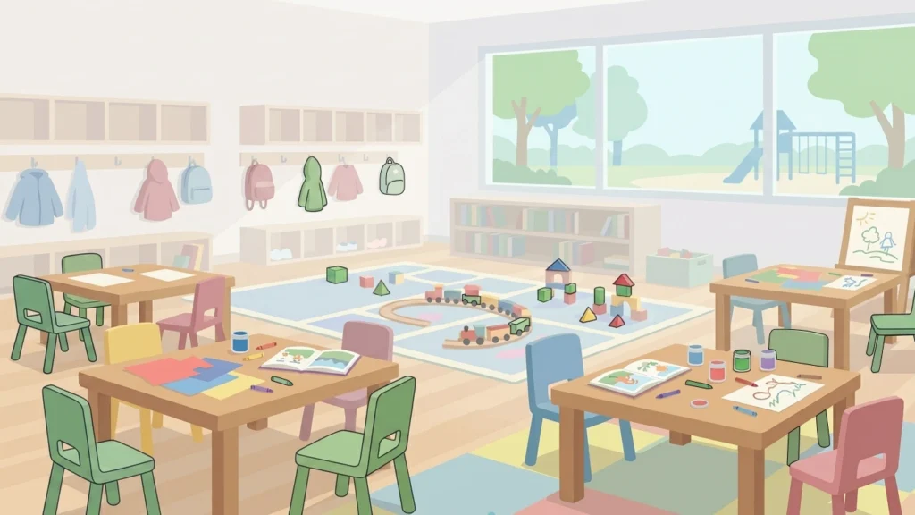 Salle de classe avec objets colorés préparés pour une activité couleurs et formes avec Resources®
