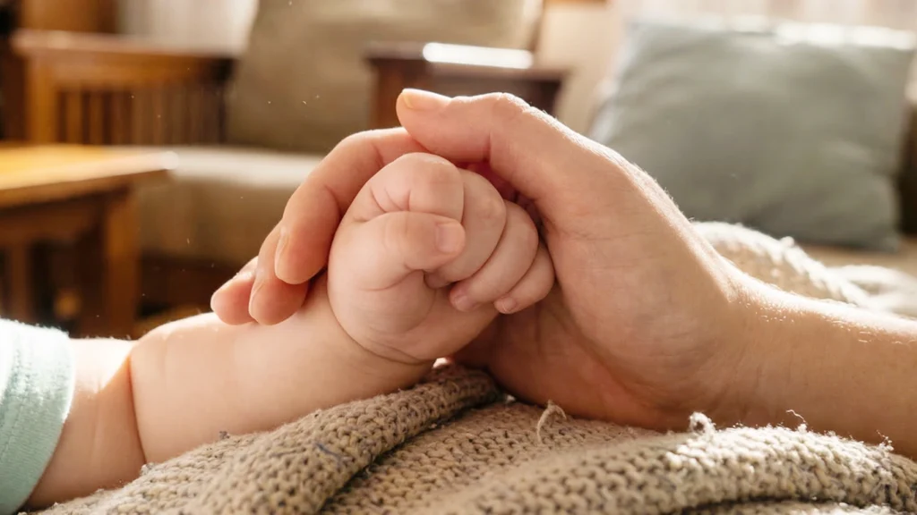 Autorégulation chez l’enfant : une main d’adulte tient doucement la main d’un enfant pour offrir un soutien calme pendant une émotion difficile.