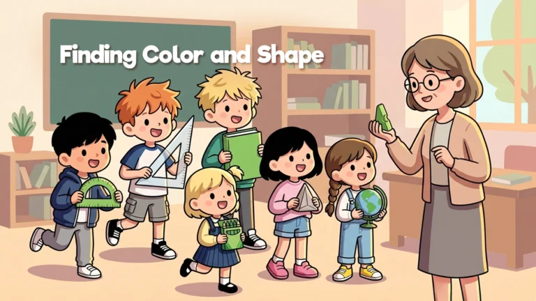 Enfants observant une pièce Resources® avec leur enseignante avant une activité couleurs et formes en classe