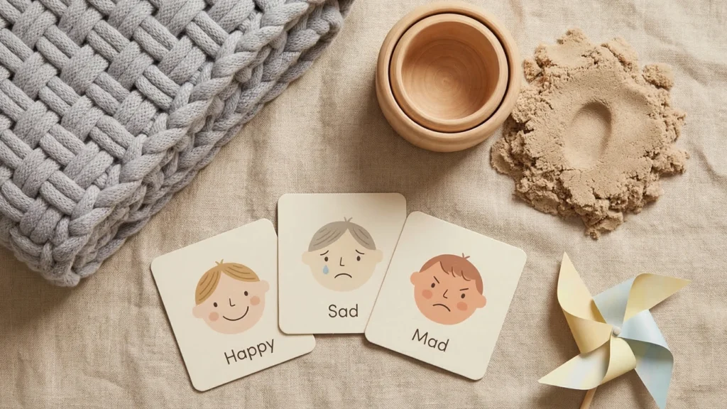 Autorégulation chez l’enfant : cartes d’émotions, tissu doux, sable, gobelets en bois et moulin à vent disposés comme outils apaisants simples.