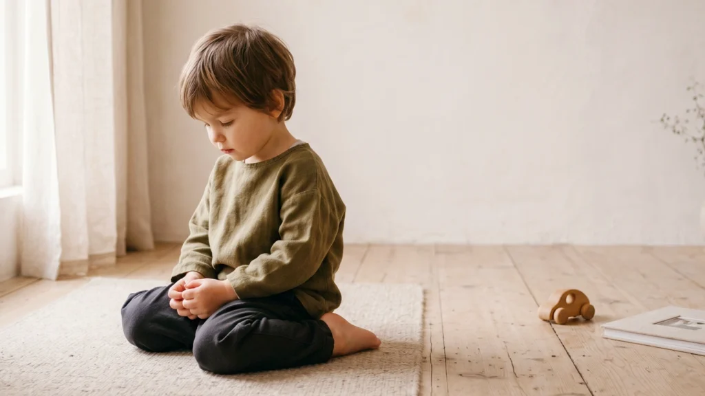 Fonctions exécutives enfant : un jeune enfant assis calmement, les mains jointes, montre comment les grandes émotions peuvent affecter l’autorégulation.