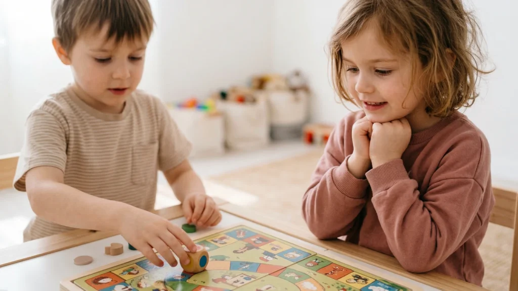 Fonctions exécutives enfant : deux enfants jouent à un jeu de société en pratiquant l’attente, la mémoire, les règles et l’ajustement.