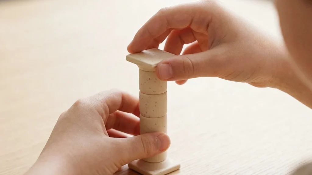 Fonctions exécutives enfant : des mains d’enfant empilent des pièces en bois en travaillant l’attention, l’ajustement et le contrôle du geste.
