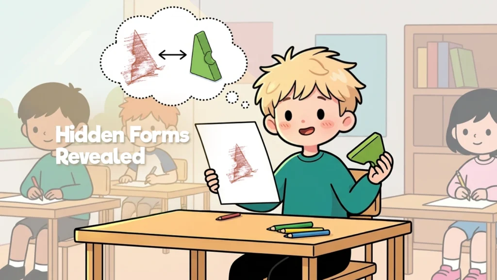 Enfant révélant une forme cachée avec des pièces Resources® pendant un atelier frottage en classe