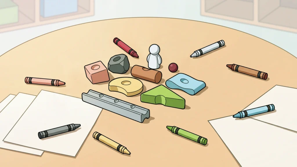 Pièces Resources®, papier et crayons assortis préparés pour un atelier dessin et formes avec une famille de couleurs