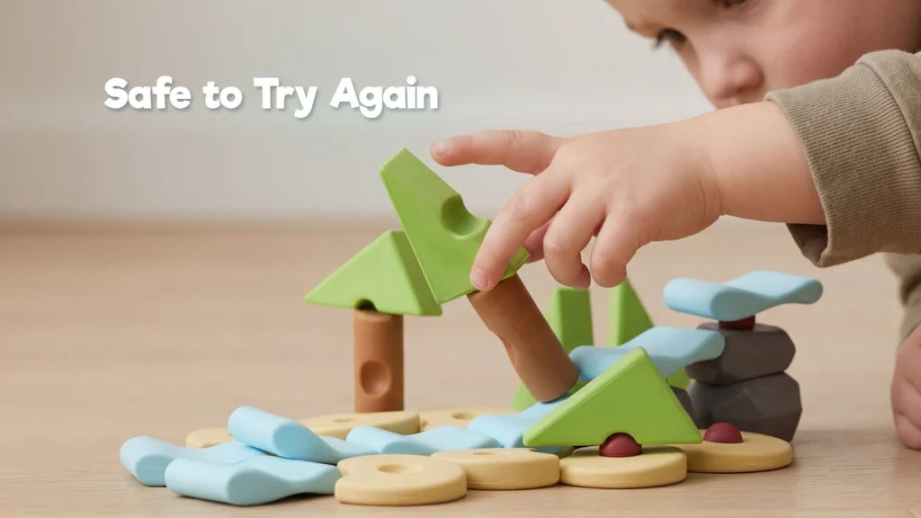Apprentissage par l'erreur : une main d’enfant ajuste des blocs en bois pendant un jeu ouvert, en observant, équilibrant et essayant à nouveau.