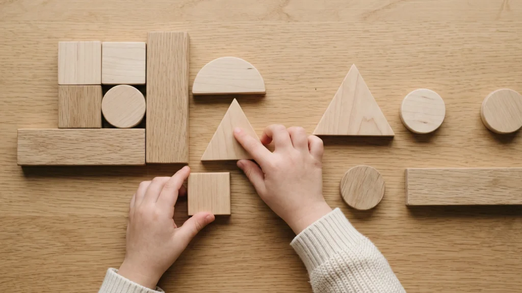 Compétences spatiales enfant : un enfant arrange des formes en bois sur une table en comparant la taille, la direction, les bords et l’ajustement.