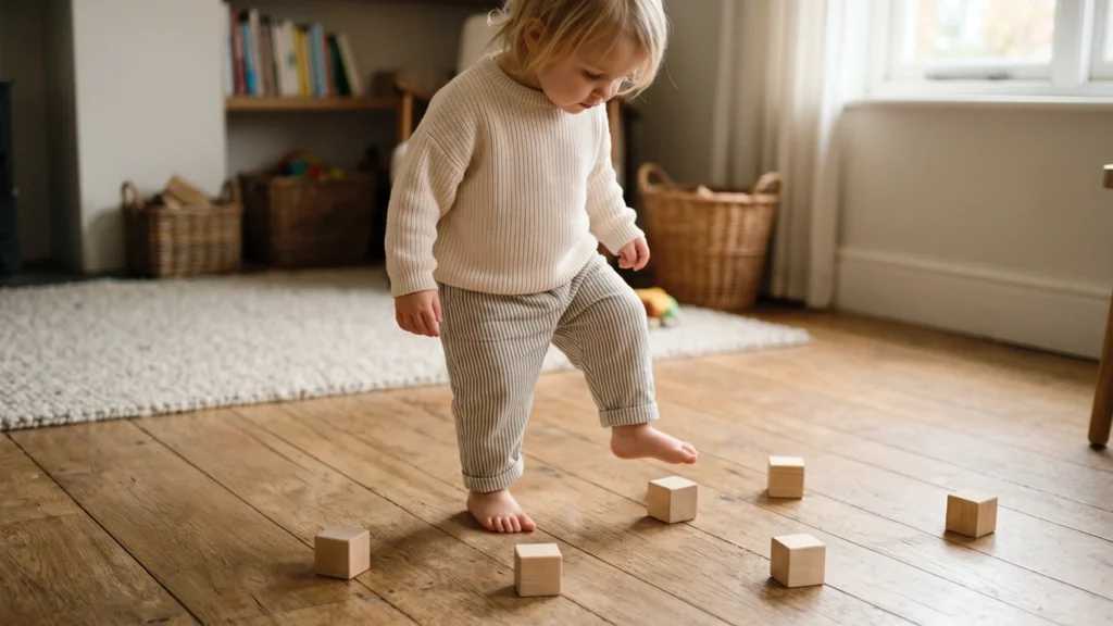 Compétences spatiales enfant : un tout-petit marche avec attention entre des blocs en bois au sol, en explorant la distance et le mouvement.