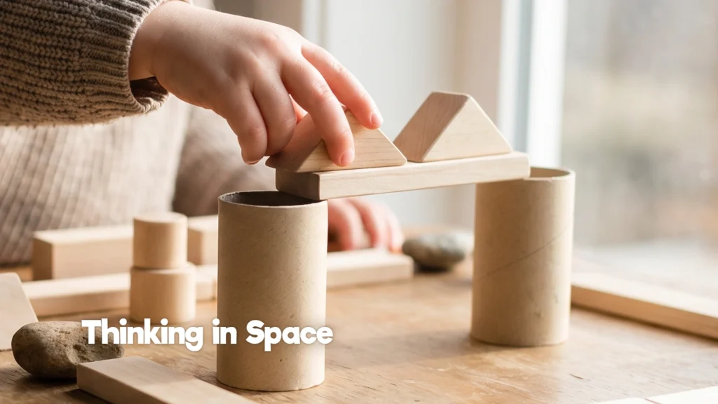 Compétences spatiales enfant : un enfant place des formes en bois sur une structure de pont en explorant l’équilibre, le placement et le jeu pratique.