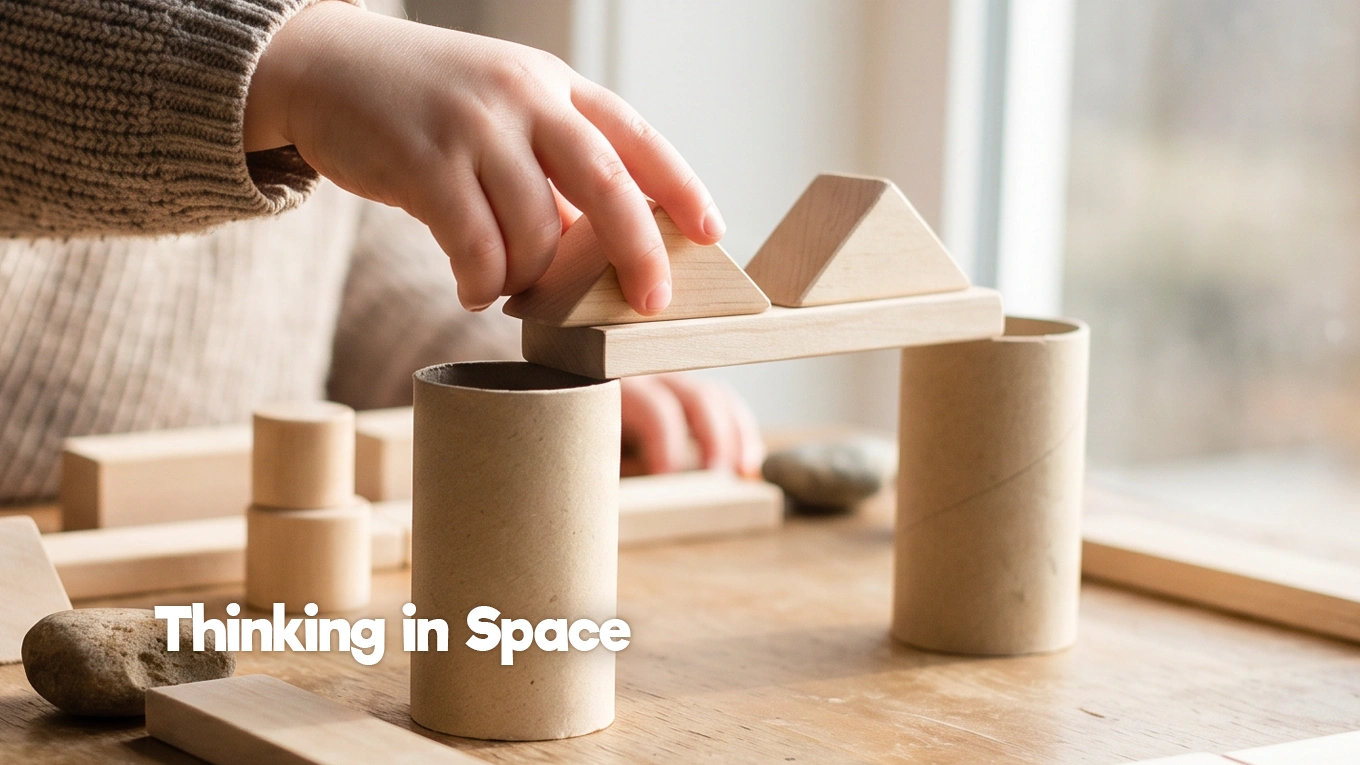 Compétences spatiales enfant : un enfant place des formes en bois sur une structure de pont en explorant l’équilibre, le placement et le jeu pratique.