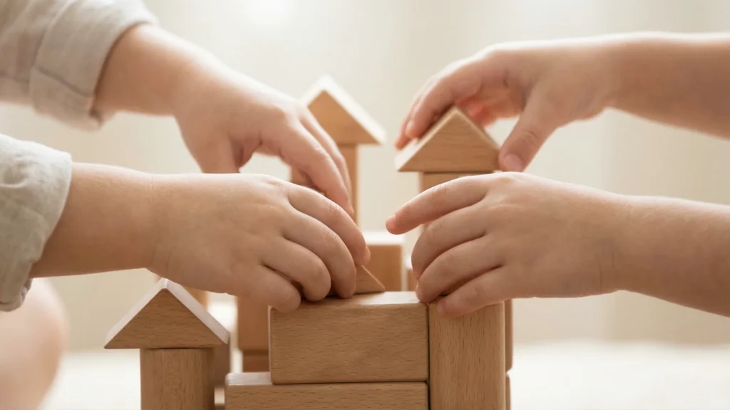Jeu coopératif enfant : des mains d’enfants placent des blocs en bois ensemble en travaillant l’attention partagée et la coopération.