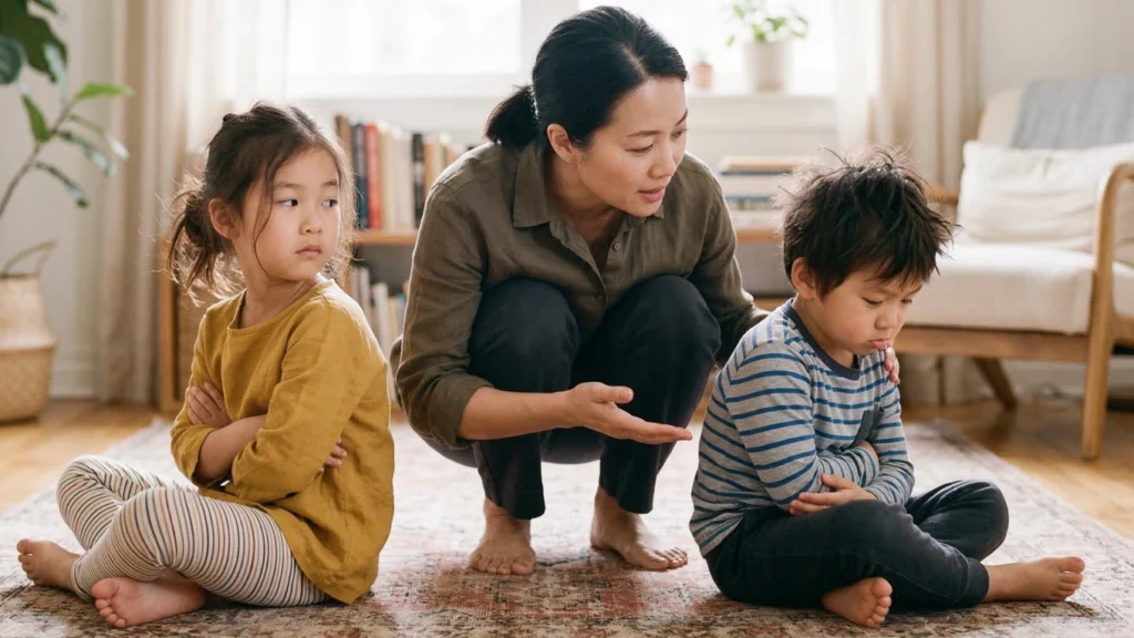 Théorie de l’esprit enfant : un adulte accompagne calmement deux enfants dans un désaccord pour les aider à remarquer les émotions de chacun.