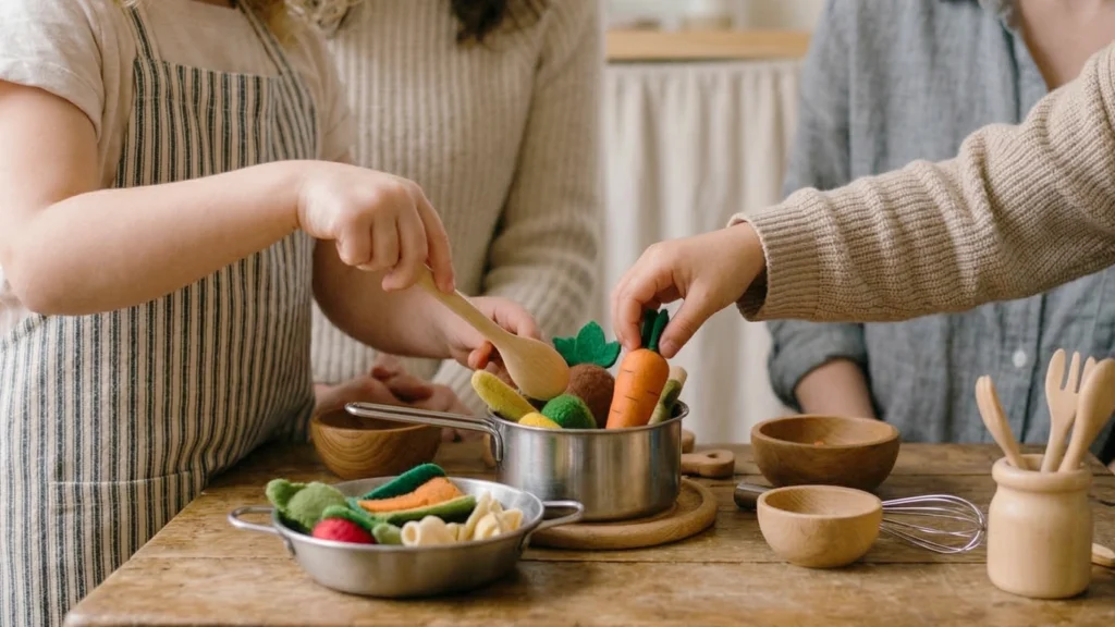 Jeu coopératif enfant : des enfants partagent du matériel de jeu pendant une cuisine symbolique avec des adultes à proximité.
