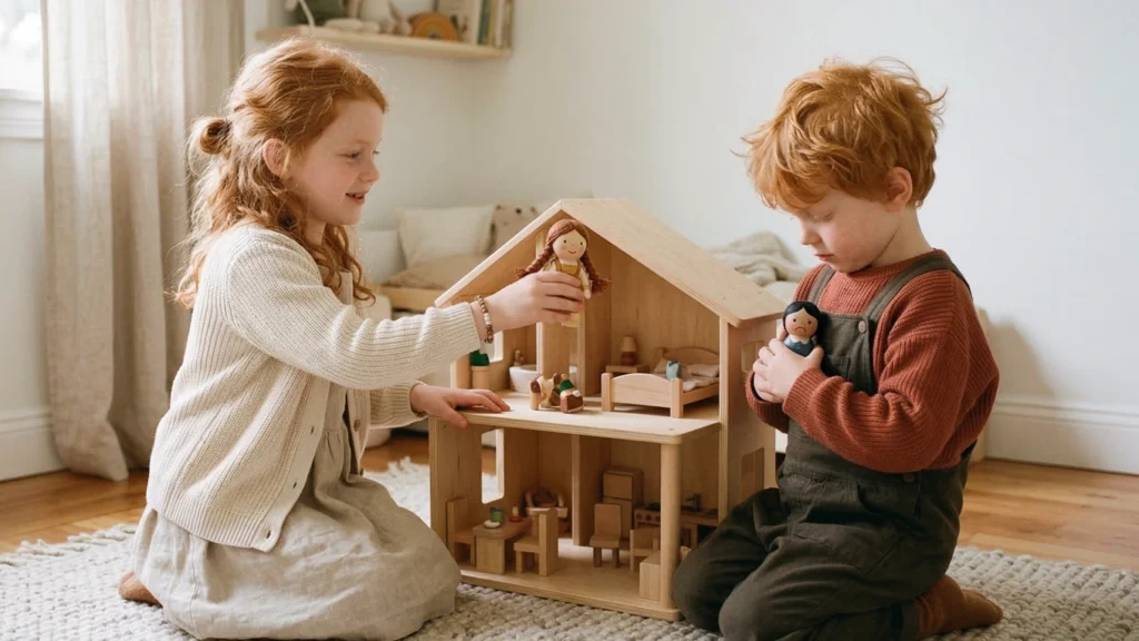 Théorie de l’esprit enfant : un enfant joue avec une maison de poupée et de petites figurines pour imaginer différents rôles, émotions et points de vue.