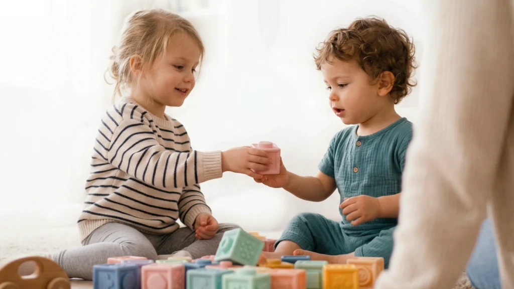 Jeu coopératif enfant : deux jeunes enfants partagent un jouet pendant le jeu en pratiquant le tour de rôle et la coopération sociale.