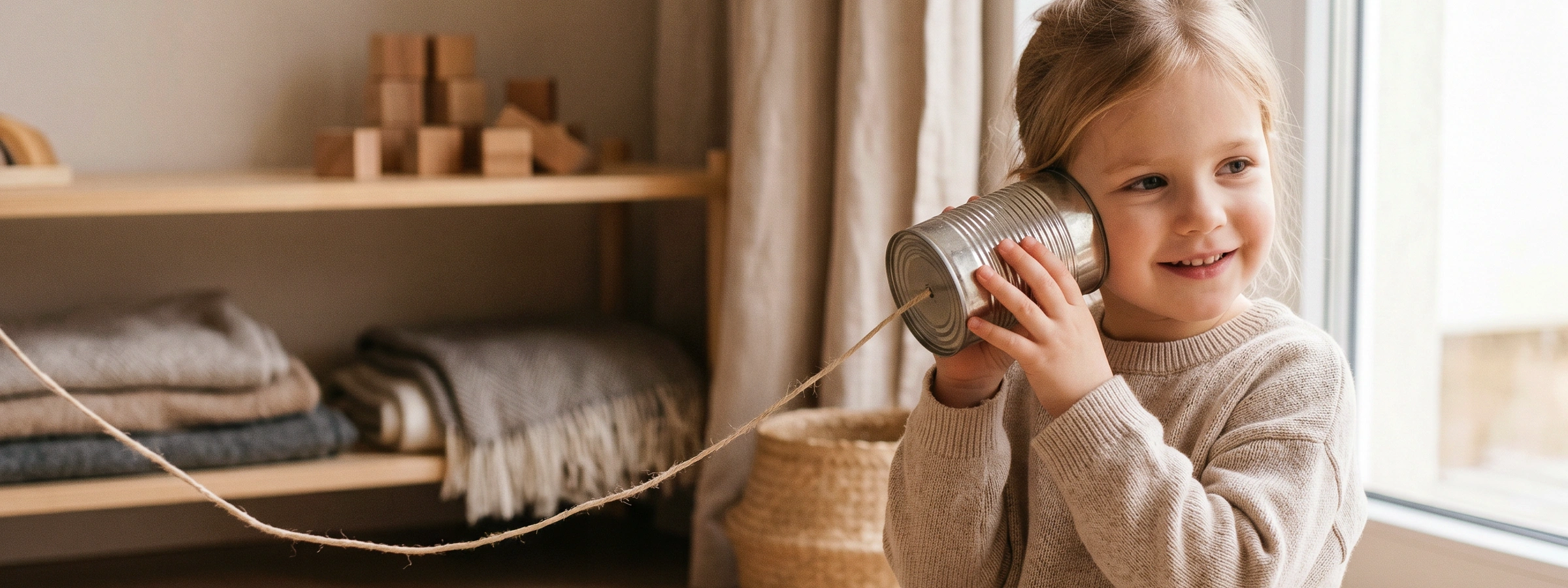 Jeune enfant explorant la communication avec un téléphone à ficelle fait main dans une activité d’apprentissage par le jeu libre