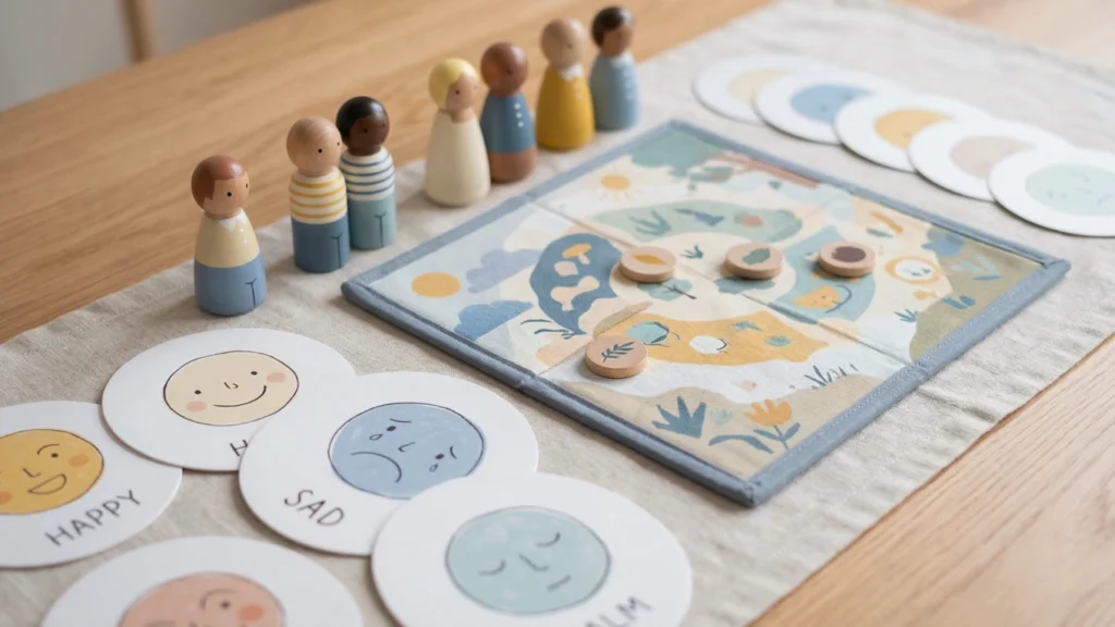 Théorie de l’esprit enfant : des cartes d’émotions, figurines et matériaux de jeu aident les enfants à nommer les sentiments et explorer différents points de vue.