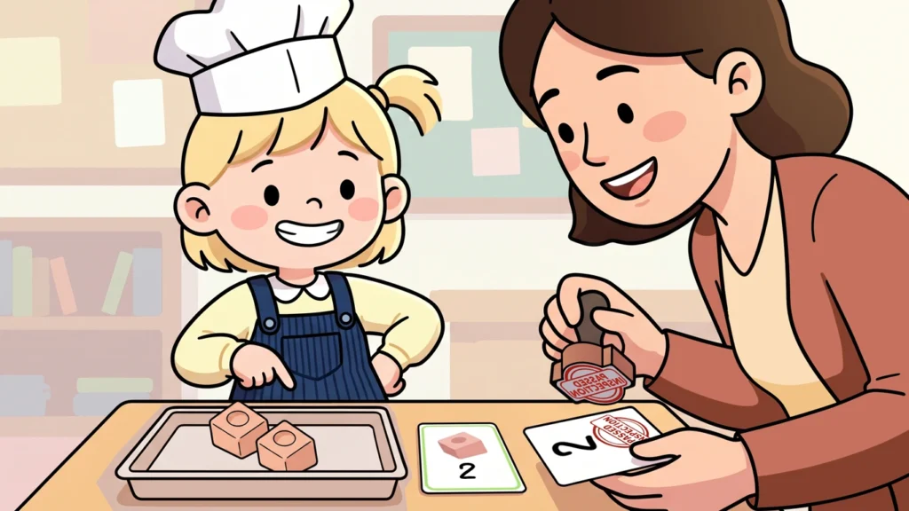 Adulte et enfant vérifiant ensemble une commande de pièces Resources® pendant une activité mathématique
