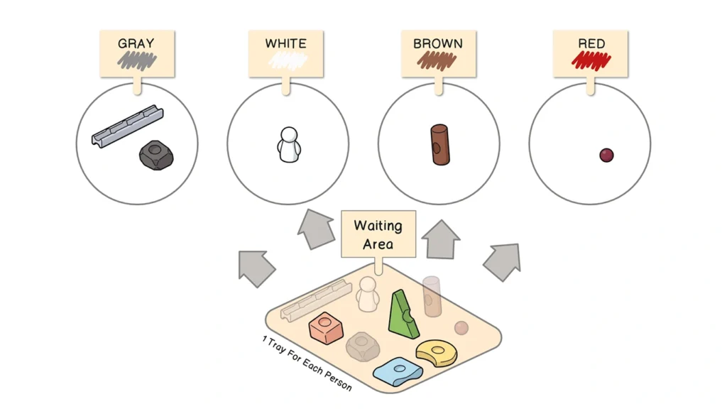 Pièces Resources® regroupées par couleur dans des maisons pendant une activité de tri et de classification