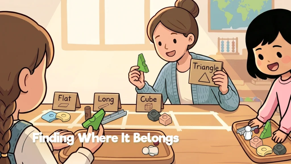 Enfants triant des pièces Resources® dans des maisons pendant une activité de tri et de classification en classe