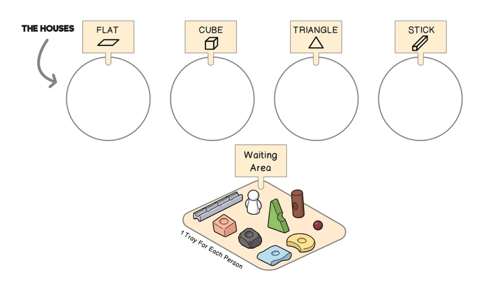 Mise en place d’une activité de tri et de classification avec Resources®, maisons étiquetées et zone d’attente