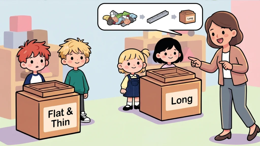 Enseignante expliquant une règle de tri avec Resources® pendant une activité de tri pour enfants