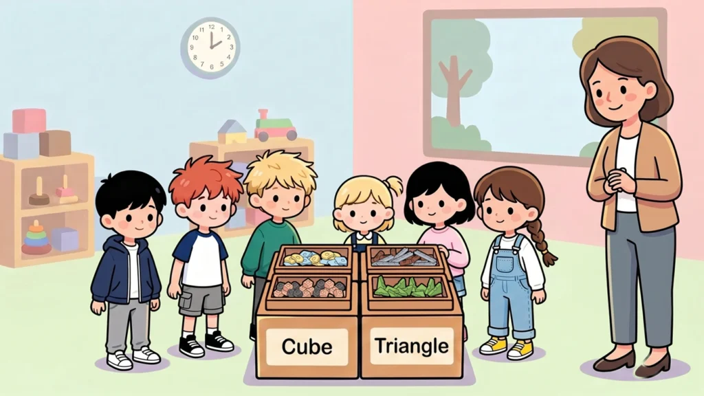 Enfants observant des bacs de Resources® triés pour comparer formes et tailles après une activité de tri