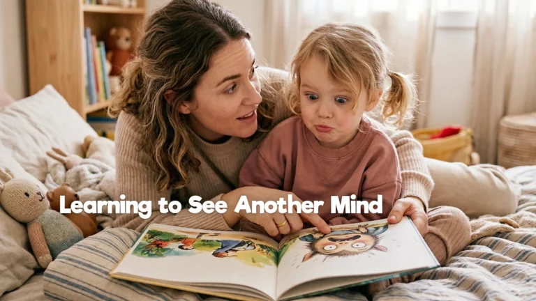 Théorie de l'esprit enfant : un parent lit un livre d’images avec un enfant pour parler des pensées, des émotions et des points de vue.