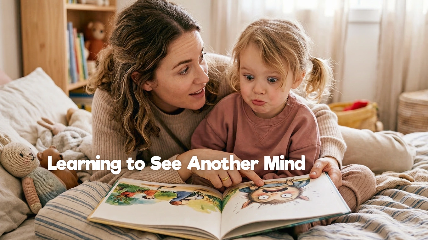 Théorie de l'esprit enfant : un parent lit un livre d’images avec un enfant pour parler des pensées, des émotions et des points de vue.